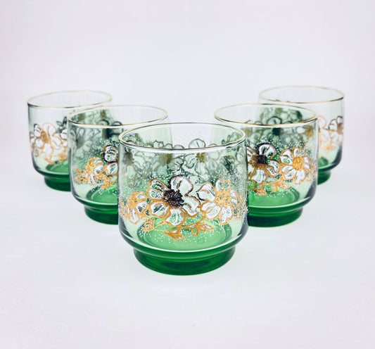 Product image for 'vintage green pedestal lowball glasses set of five 5 gold rimmed top white floral pattern dominion glass company' (view 8e3c8b)