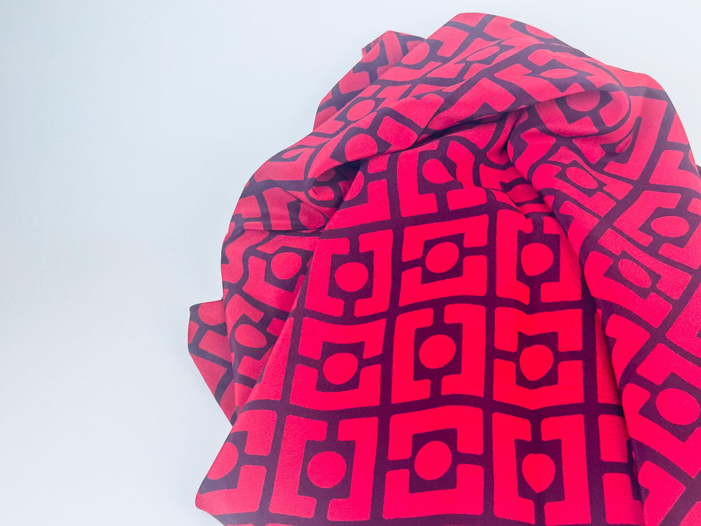 Product image for 'vintage francesca koshibo printed lava red black abstract geometric silky polyester fabric 1970s material' (view 1c4122)