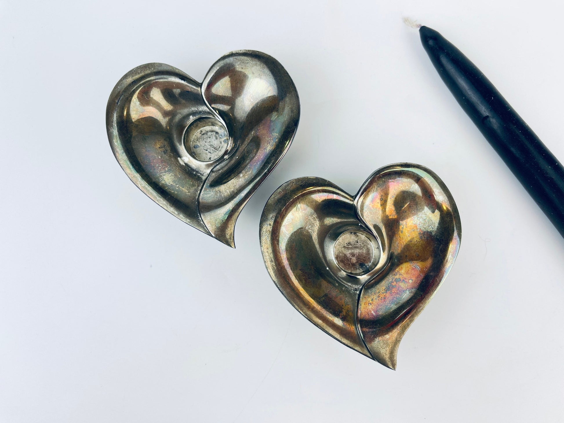 Product image for 'vintage silverplated metal heart tapered candle holder attractive aged metal patina set of two 2' (view 08eed8)