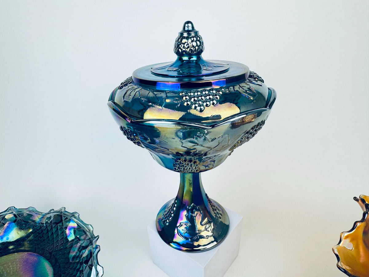 Product image for 'vintage collectible carnival glass peacock blue marigold smoke grey colour sold separately' (view 9513c0)