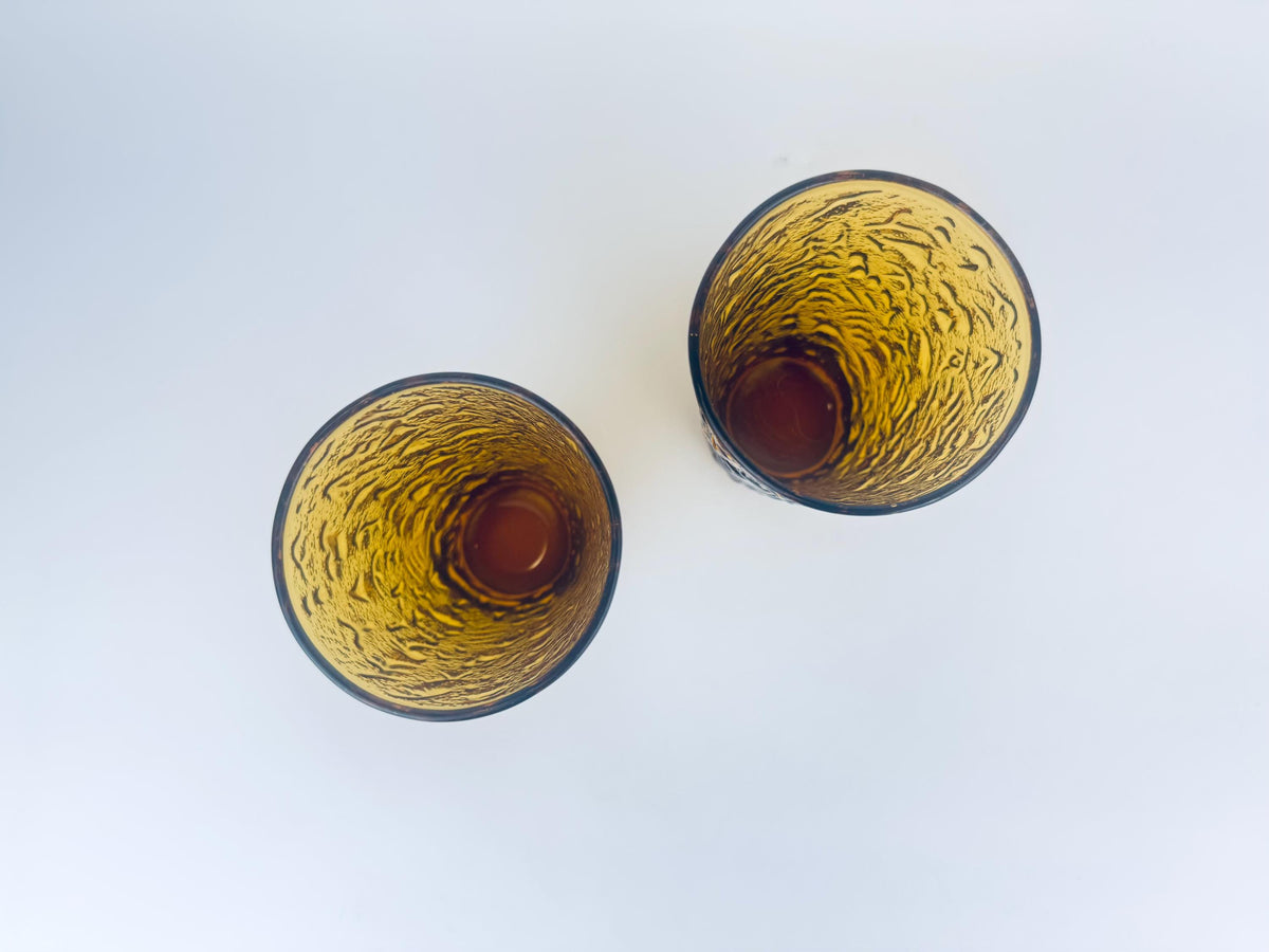 Product image for 'vintage amber milano crinkle glass tumblers 1960s anchor hocking bark texture highball set midcentury barware' (view 41a438)
