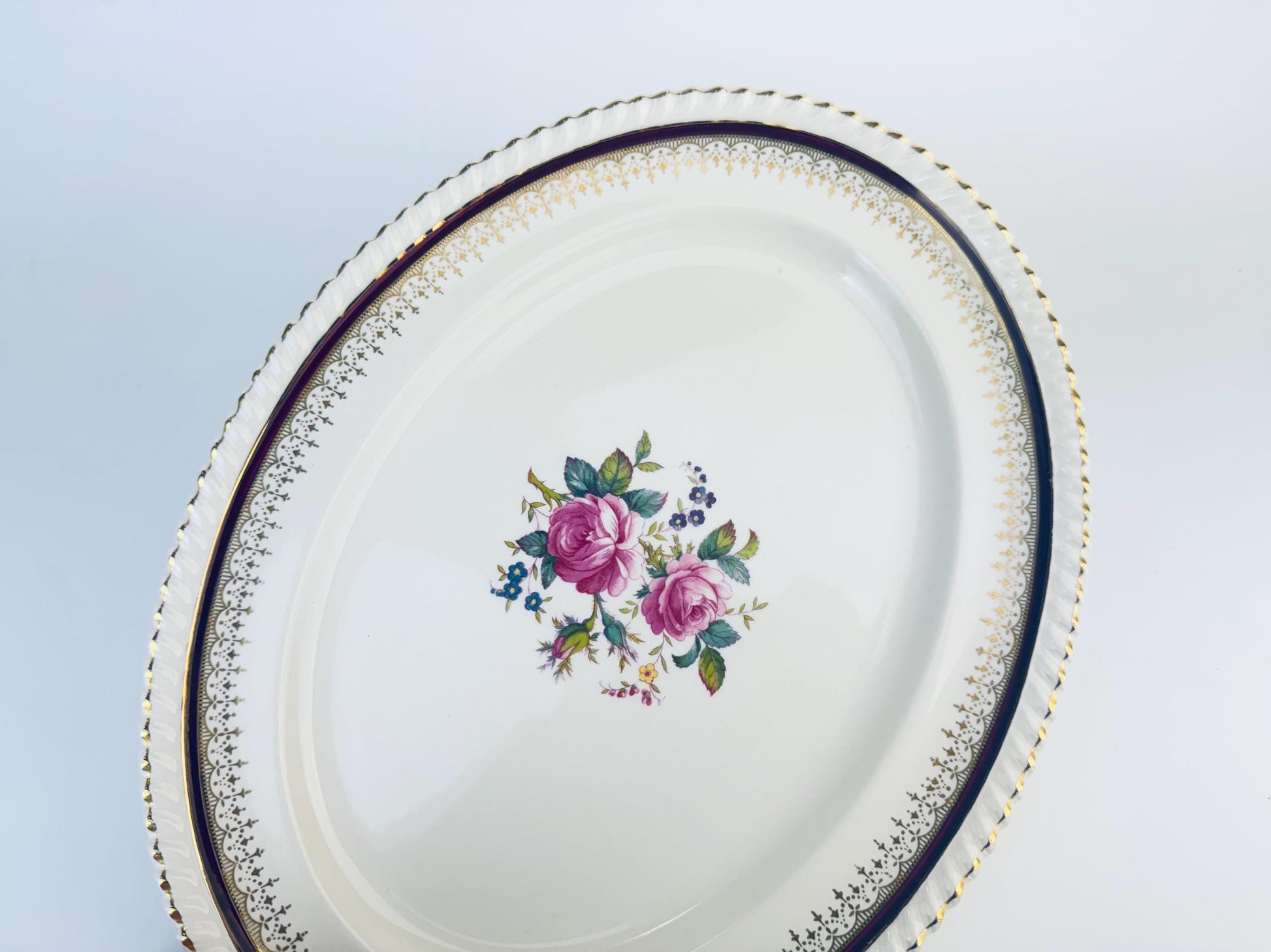 Product image for 'vintage johnson bros oval serving tray plater pink flower pattern serpentine edge made in england' (view 1078c2)