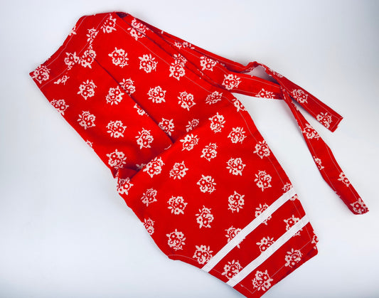 Vintage Red + White Floral Pantaloon Pleated Pocket Waist Apron - Handmade