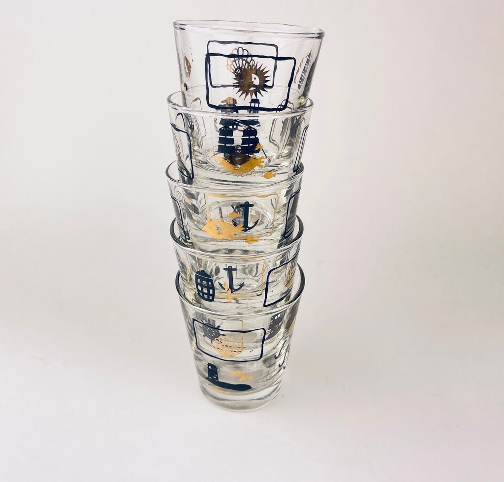 Product image for 'vintage dominion glass nautical pattern whiskey lowball glasses set of five 5' (view a94700)