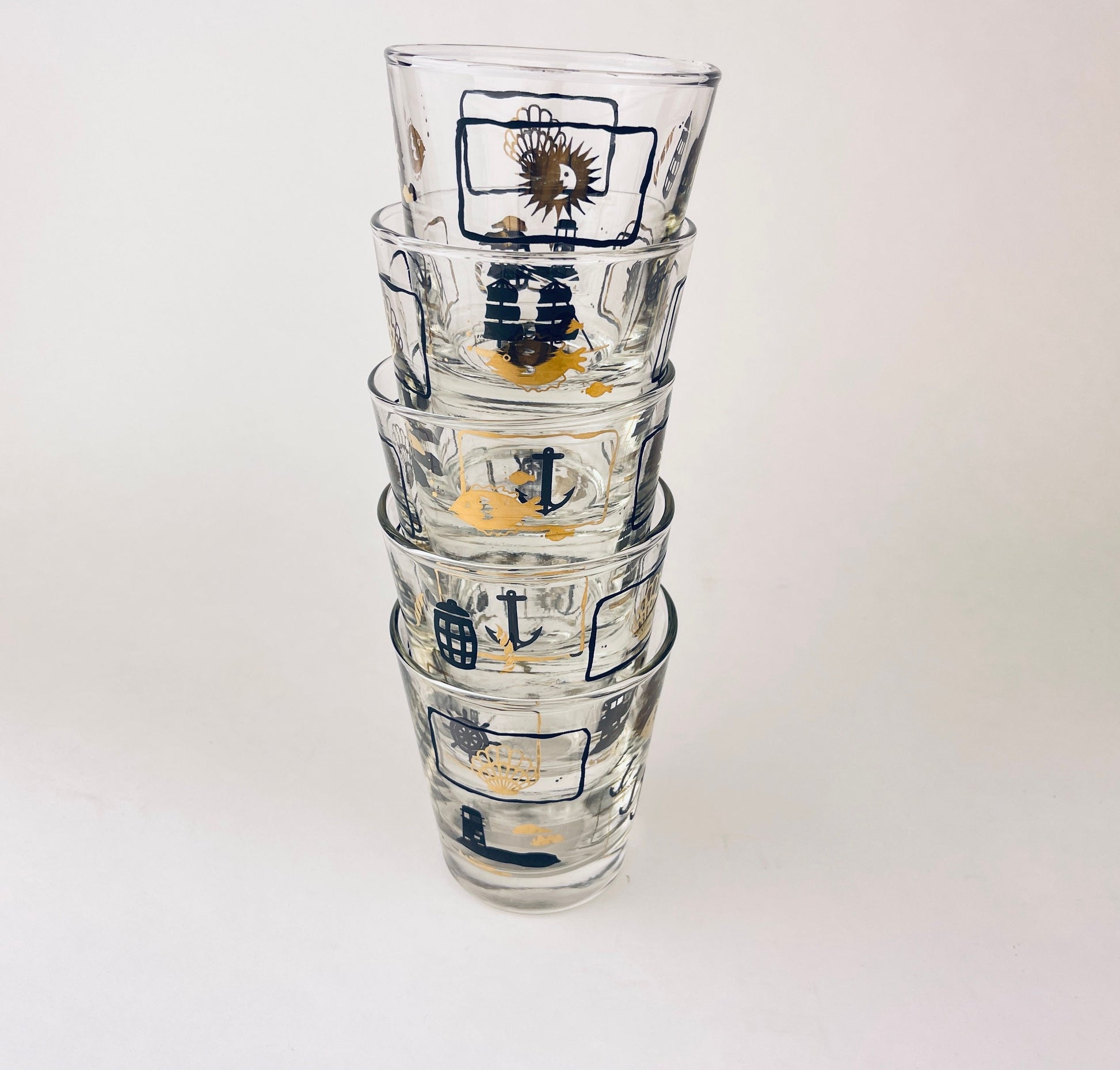Product image for 'vintage dominion glass nautical pattern whiskey lowball glasses set of five 5' (view a94700)