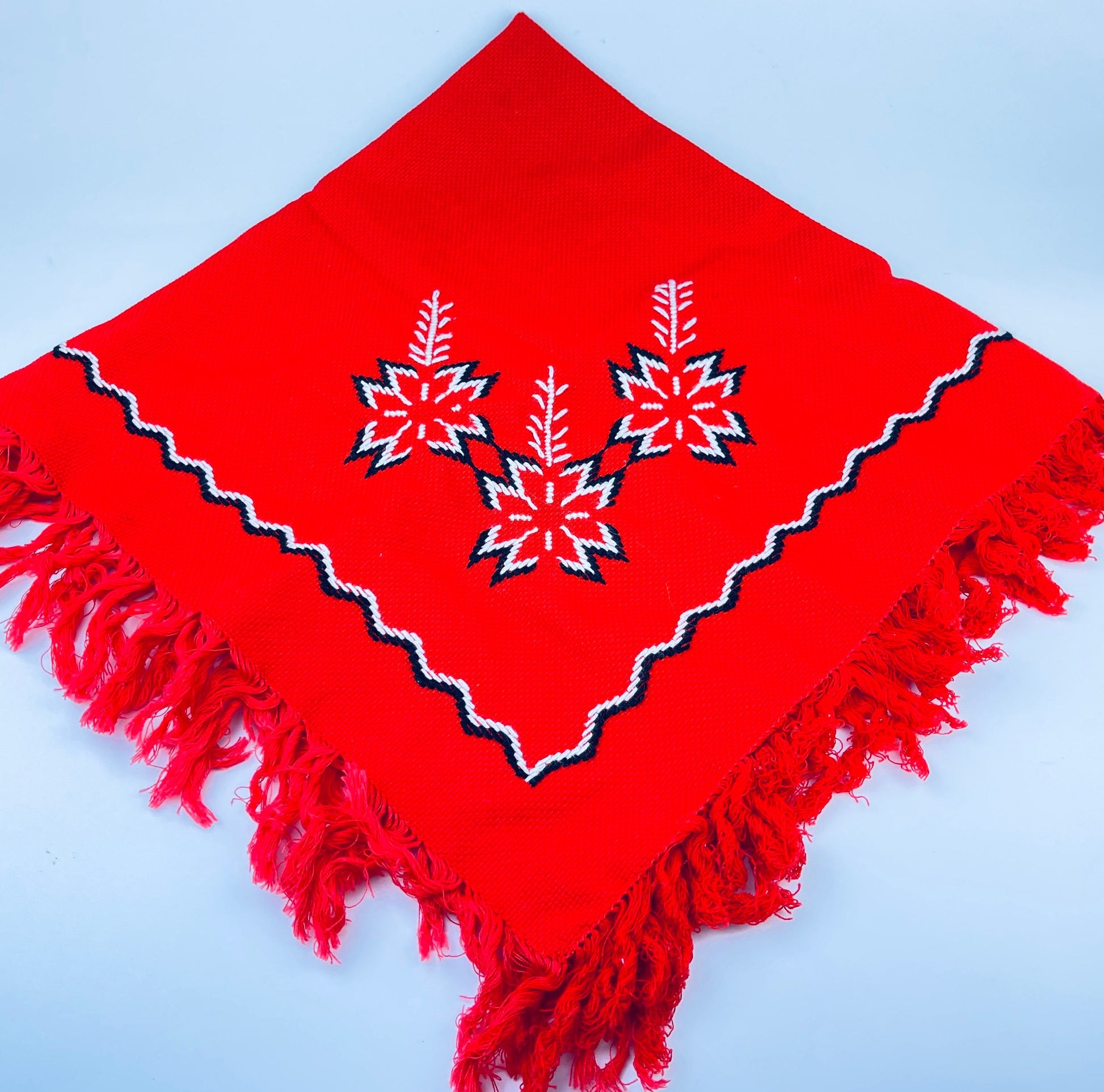Product image for 'vintage christmas red fringe square table cloth embroidered poinsettia linen 25 x 25' (view f9acf3)