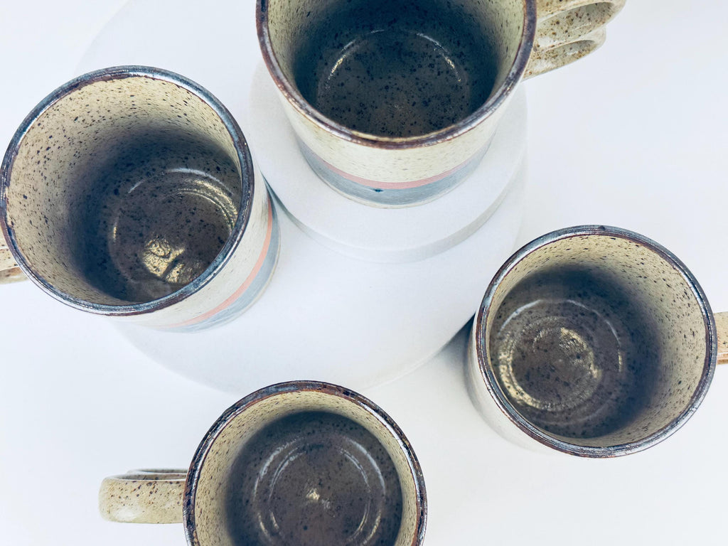 Product image for 'vintage 1970s stoneware mugs speckled glaze with bold stripes double loop handles set of 4 retro coffee cups' (view 529107)