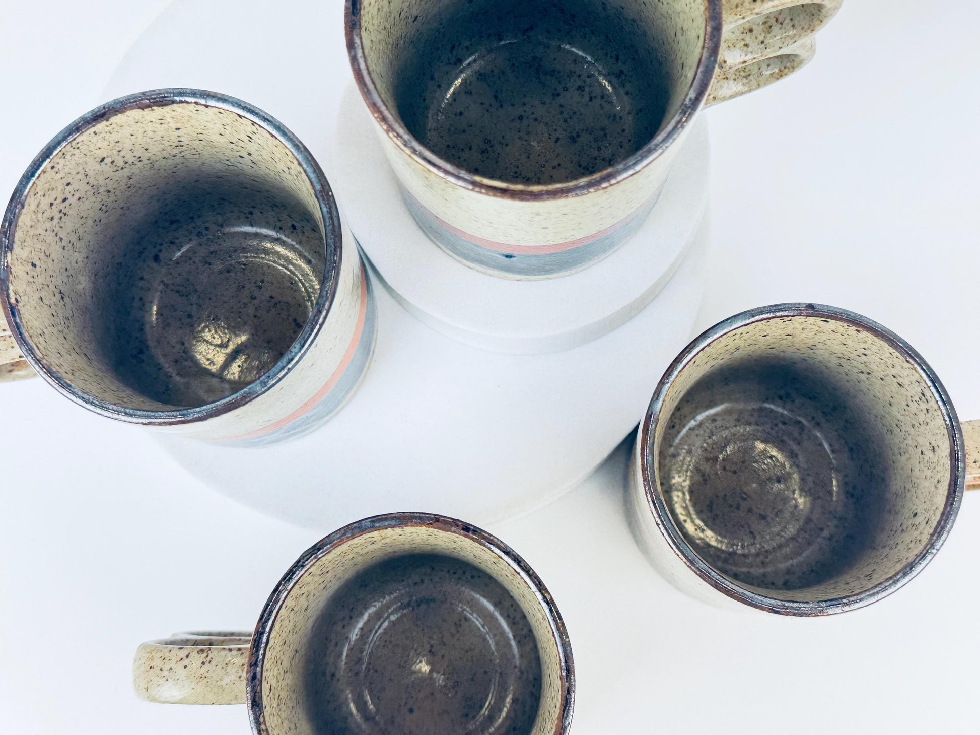 Product image for 'vintage 1970s stoneware mugs speckled glaze with bold stripes double loop handles set of 4 retro coffee cups' (view 529107)