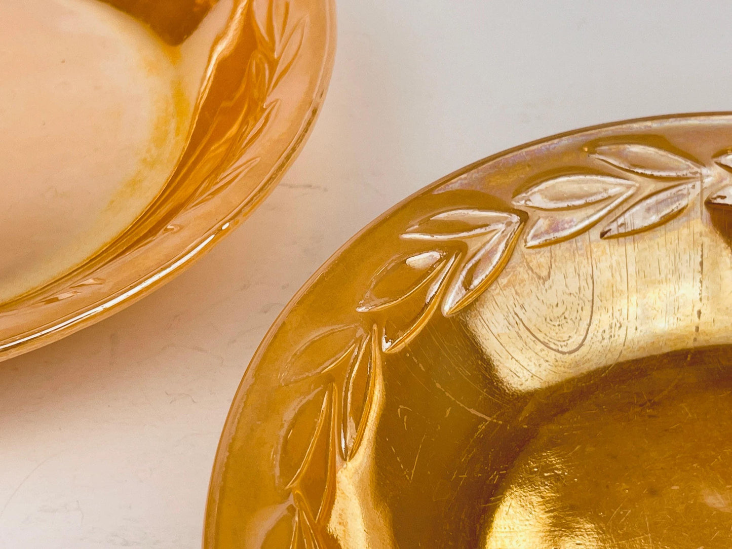 Product image for 'vintage peach lustreware laurel leaf replacement bowls saucer plates set of two 2 fire king made in usa sets sold separately' (view bef3a4)