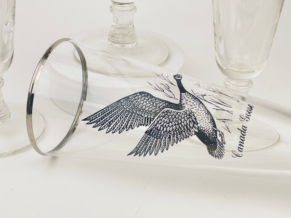 Product image for 'vintage foul bird drinking glasses clear silver rimmed perfect hunter gift sets sold separately' (view f9f1eb)
