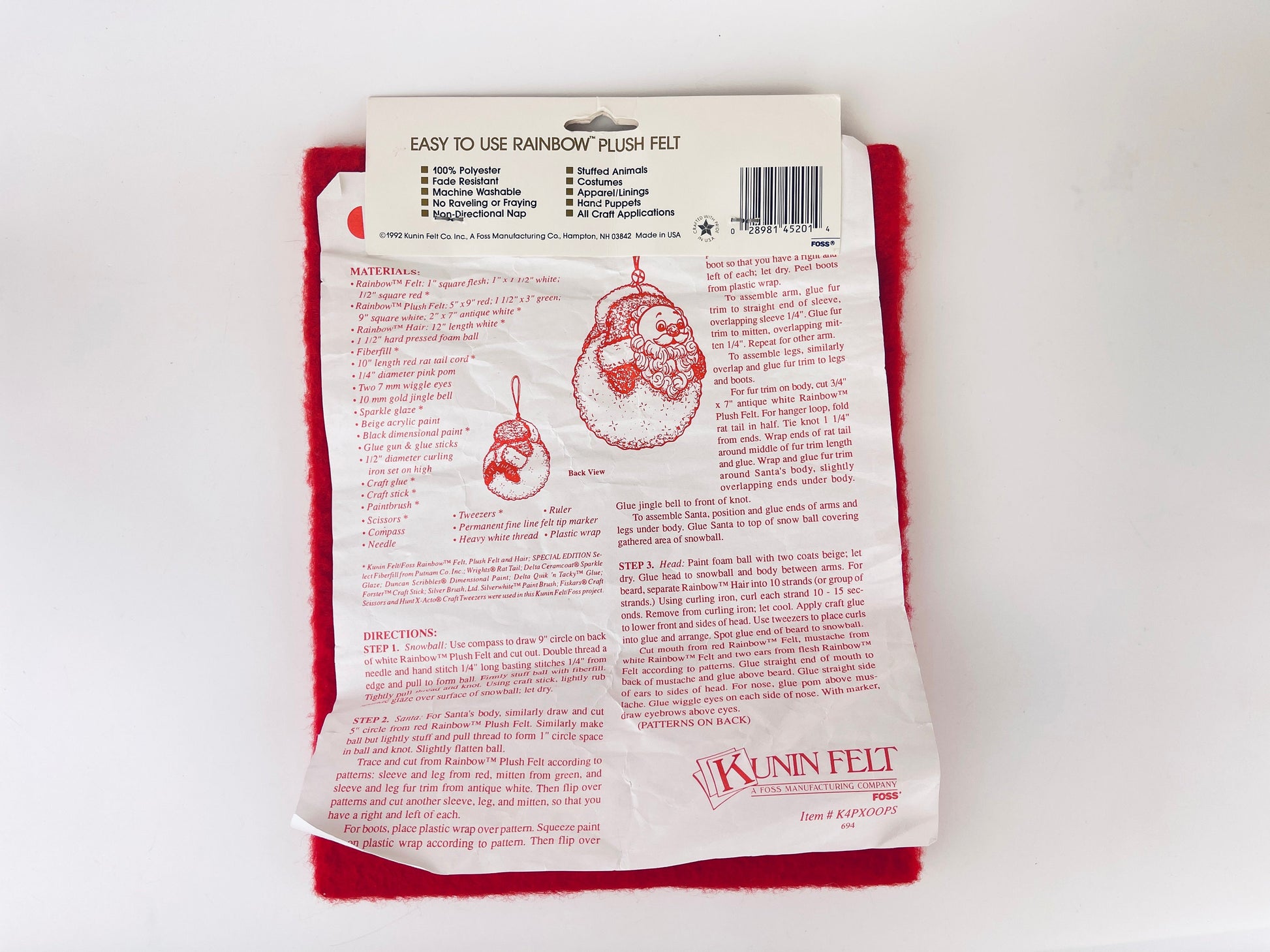 Product image for 'vintage red christmas plush felt pattern stocking material made in usa by rainbow 18 x 22 craft cut new old stock nos' (view 1b6ce0)
