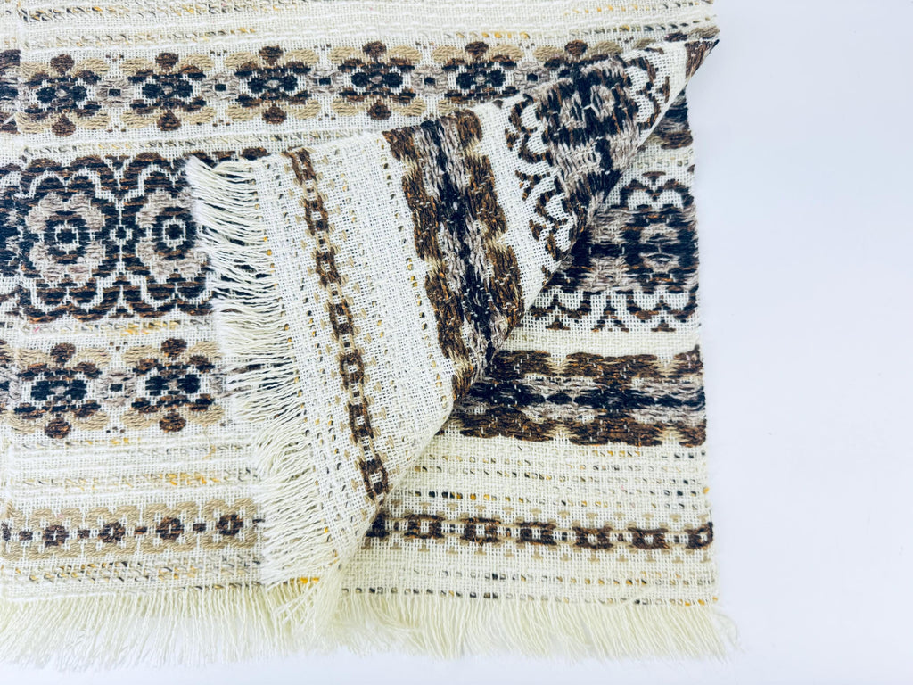 Product image for 'vintage 1970s beige brown floral woven table runner boho loomed textile with fringe ends 14 x 32' (view ba240c)