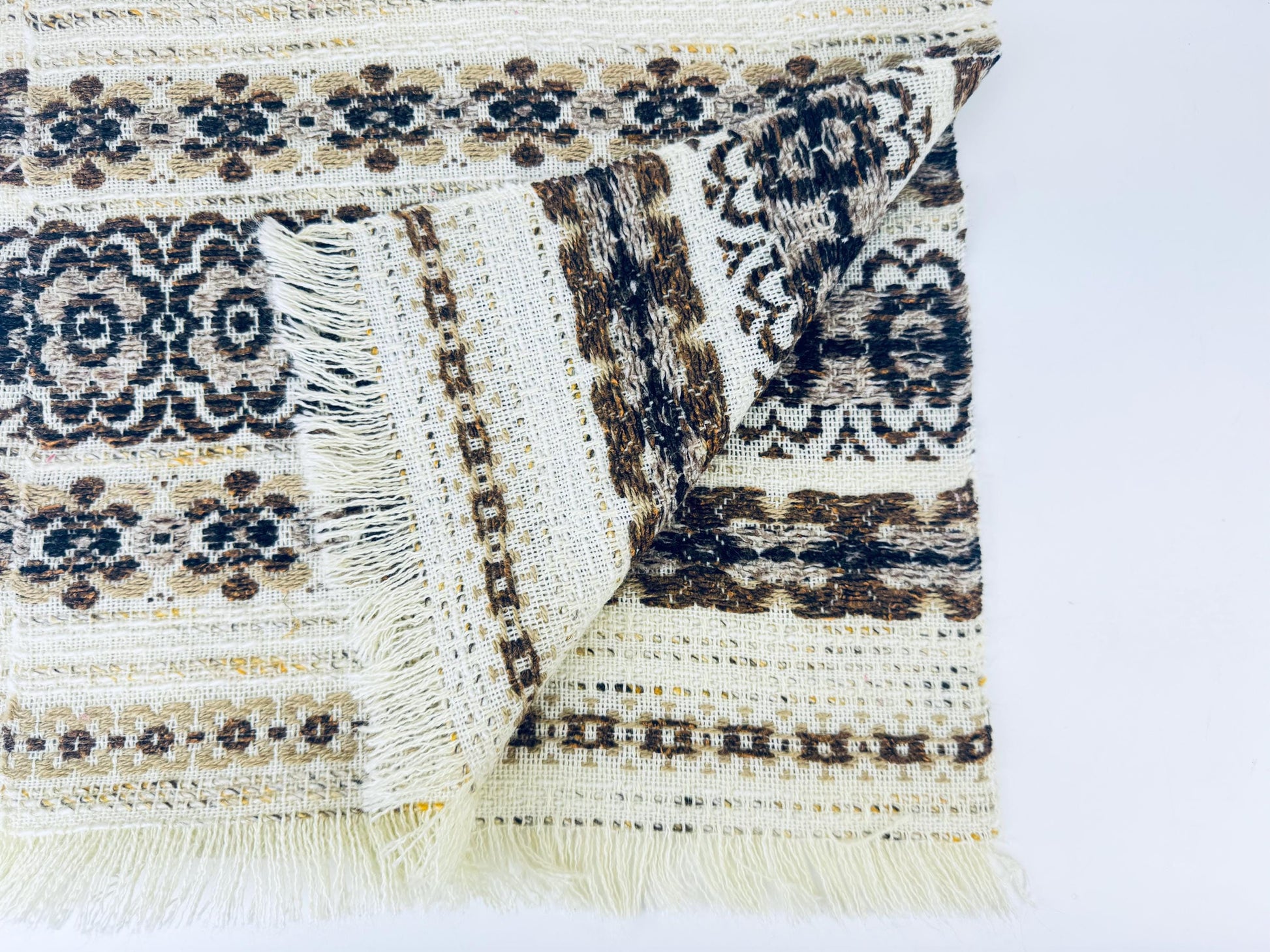 Product image for 'vintage 1970s beige brown floral woven table runner boho loomed textile with fringe ends 14 x 32' (view ba240c)