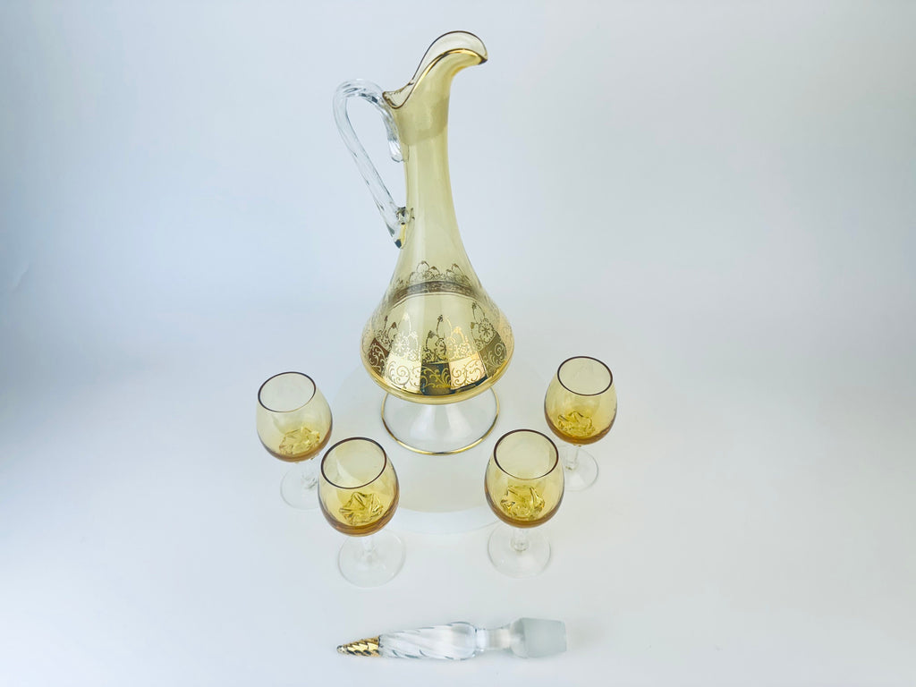 Product image for 'vintage amber gold crystal drink ware barware set decanter four 4 aperitif swirl pedestal glasses barware gift' (view a4ba82)