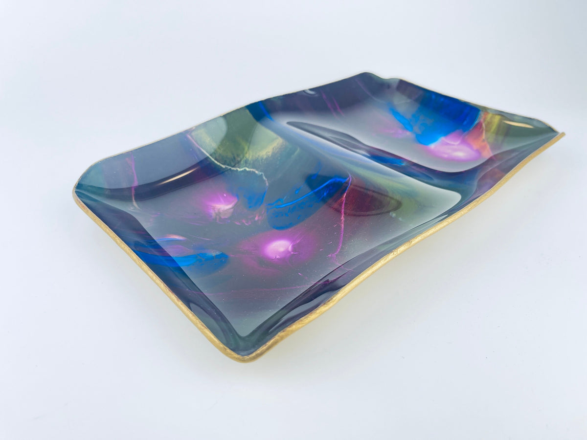 Product image for 'vintage mcm seetusee glassware by mayfair curvy decorative glass gold painted leather backed decorative tray made in canada' (view 879552)