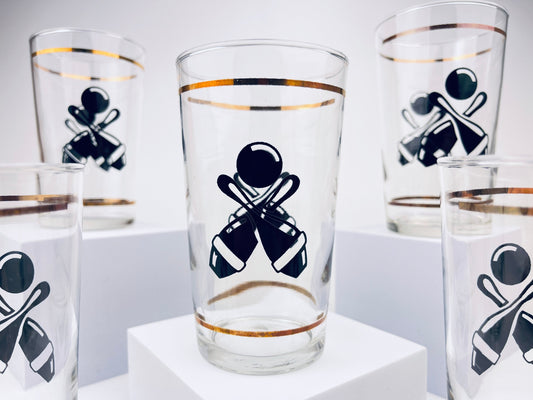 Product image for 'vintage bowling federal glasses set of five 5 tall clear glass with gold black' (view 57bcd4)