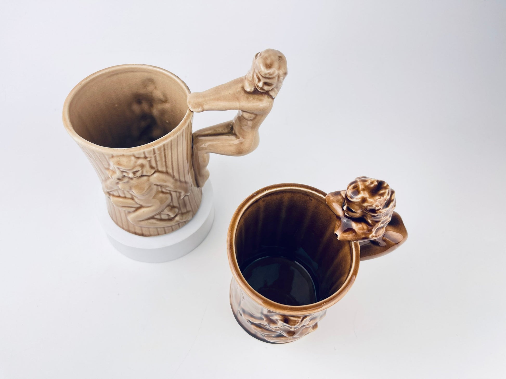 Product image for 'vintage risque nude woman barrel shaped brown ceramic mug sold individually groomsmen barware gift made in japan' (view f143f1)