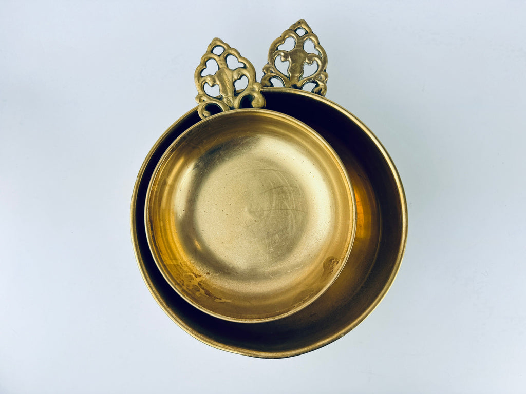 Product image for 'large ornate handled round brass bowls set of two 2 attractive aged metal patina' (view 1ca6f6)