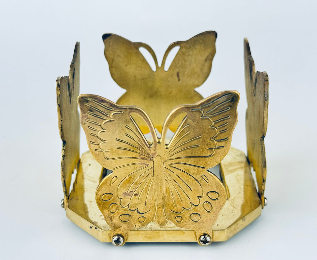Product image for 'vintage solid brass square butterfly candle crystal ball holder attractive aged metal patina' (view ec7fd6)