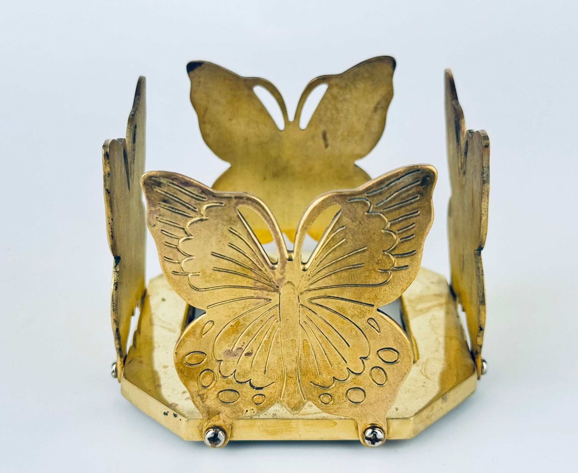 Product image for 'vintage solid brass square butterfly candle crystal ball holder attractive aged metal patina' (view ec7fd6)