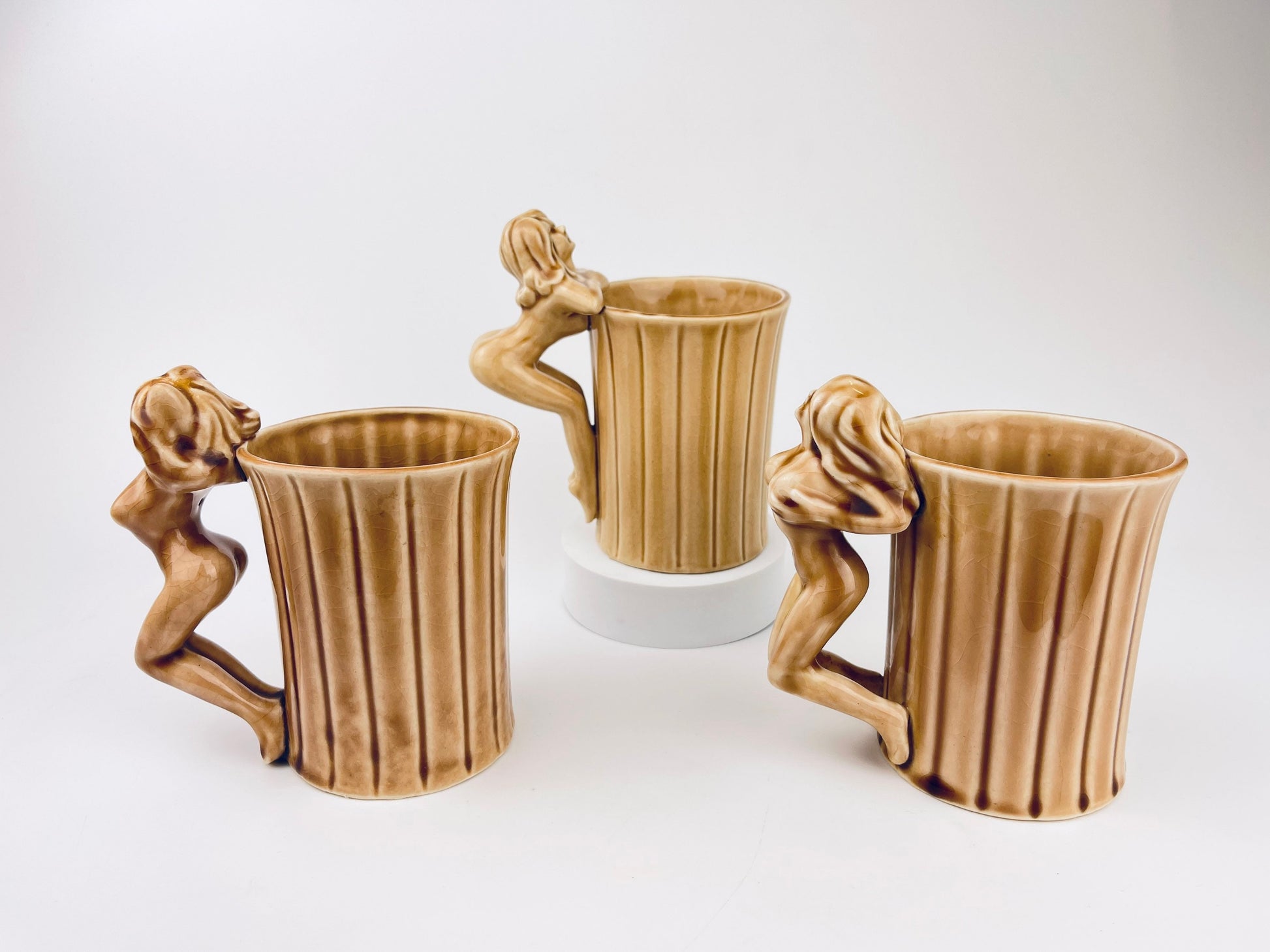 Product image for 'vintage risque nude woman striped brown ceramic mug shafford japan sold individually groomsmen barware gift' (view 5bebca)
