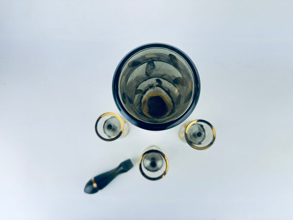 Product image for 'vintage mid century black gold curvy glass barware set decanter glasses bohemia crystal made in czechoslovakia barware gift' (view bd8203)