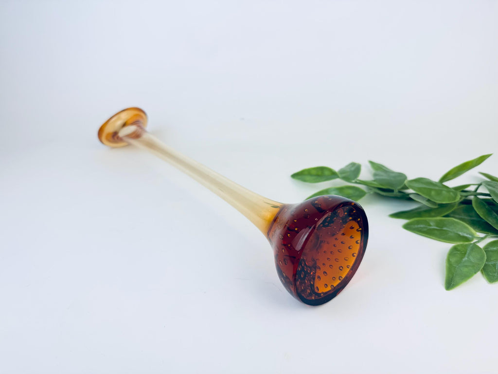 Product image for 'vintage gematex tall crystal glass vase hand blown amber brown controlled bubble base made in sweden' (view b04962)