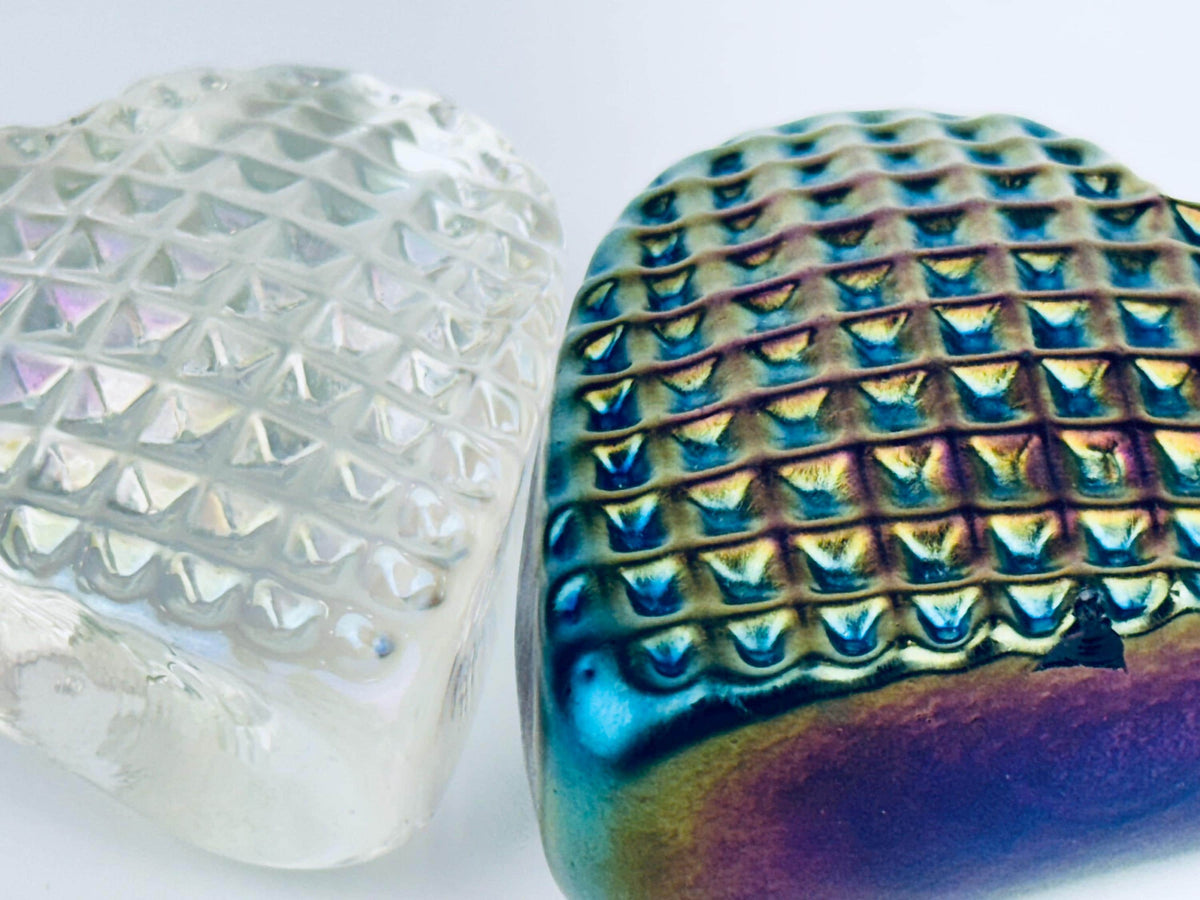 Product image for 'vintage robert held heart shaped iridescent art glass paperweights rainbow clear pattern sold separately' (view 736761)