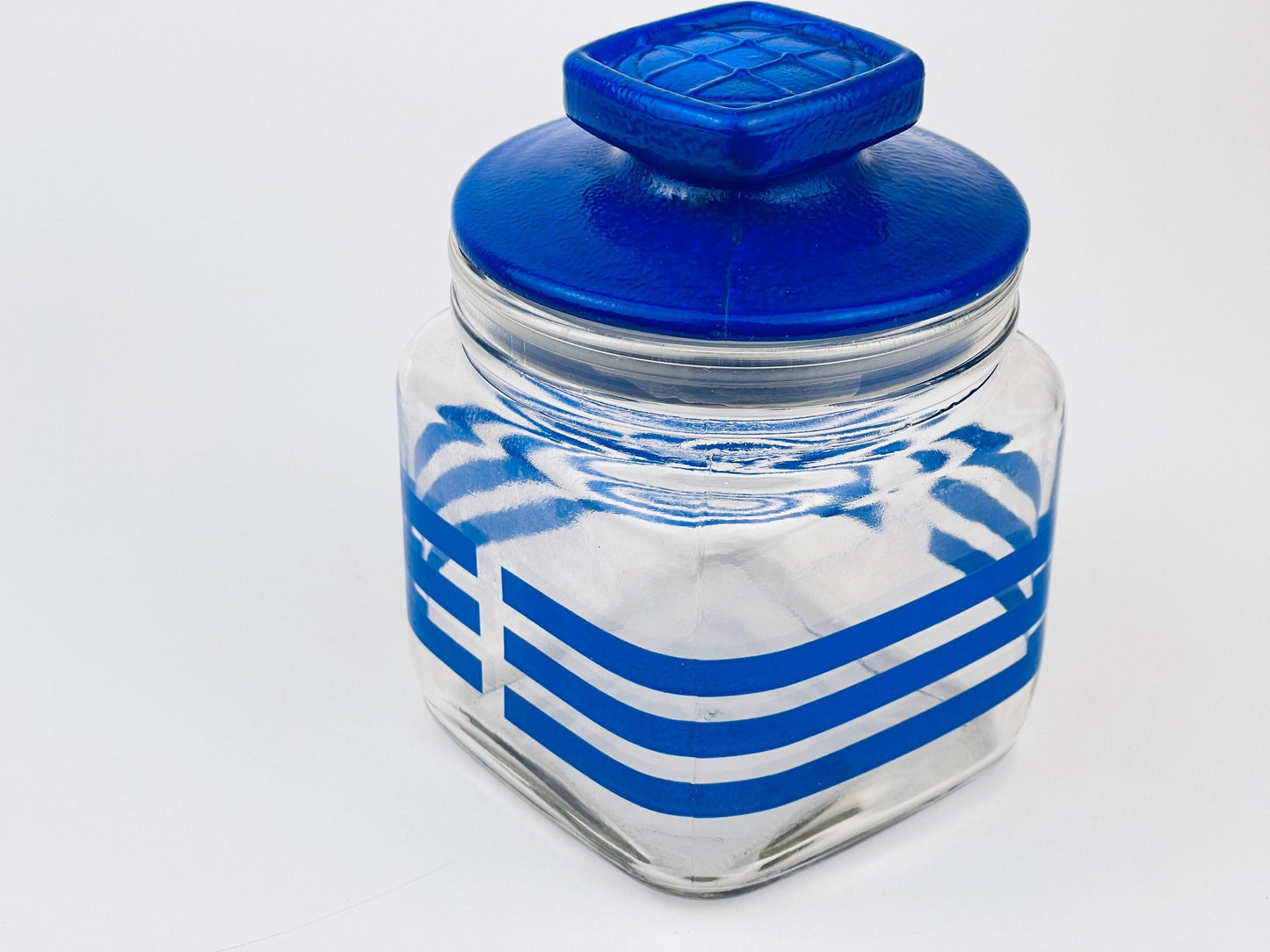 Product image for 'vintage 1980s blue striped glass jar with waffle lid airtight retro kitchen storage' (view 8ee248)