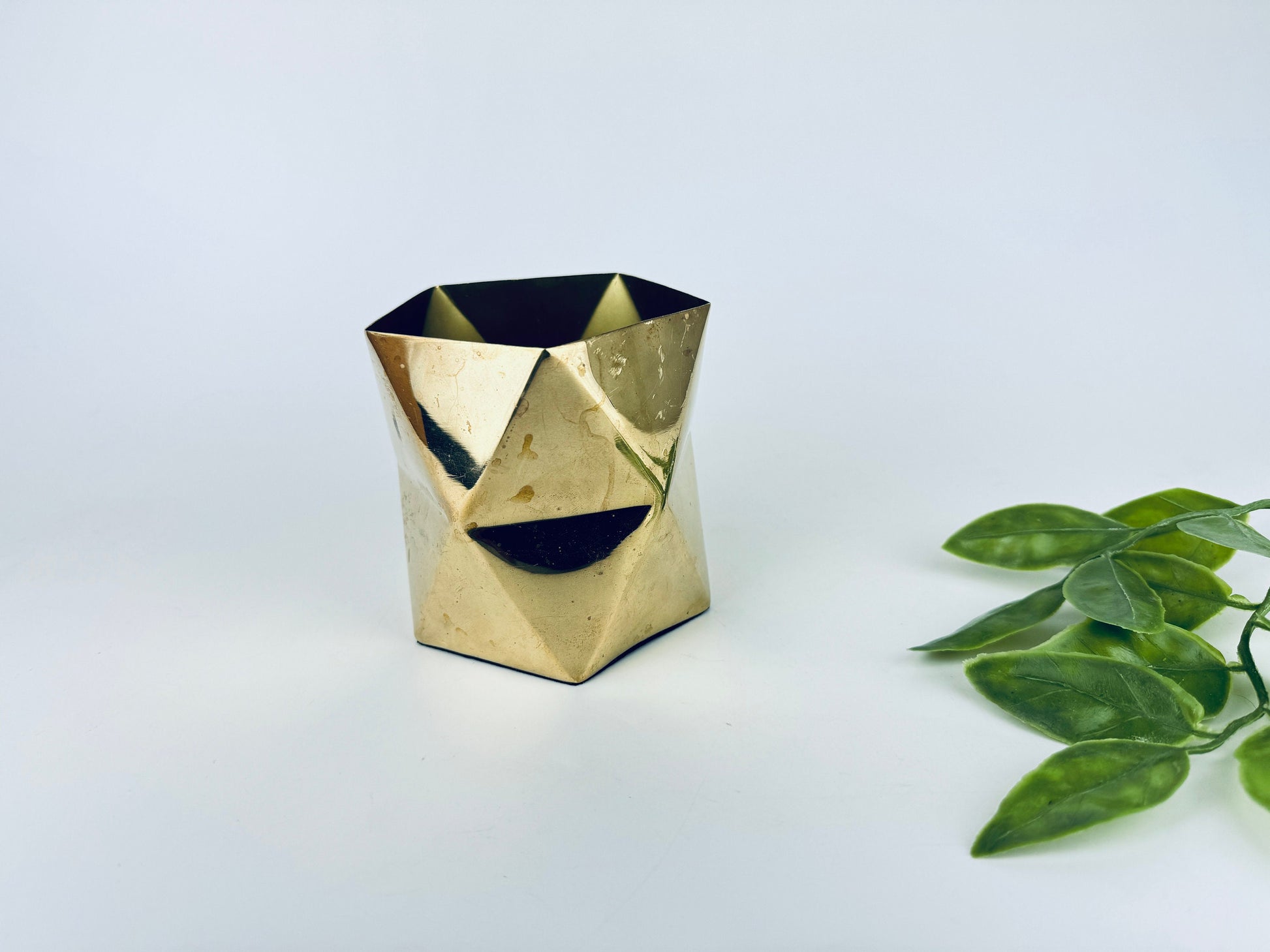 Product image for 'vintage solid brass geometric triangle shape vase attractive aged metal patina' (view e5160a)
