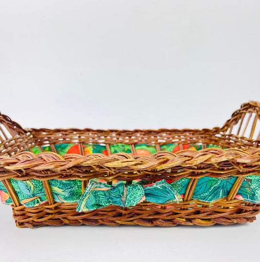 Product image for 'vintage woven wicker rectangular decorative basket peach print fabric with bow at front' (view fd12e6)