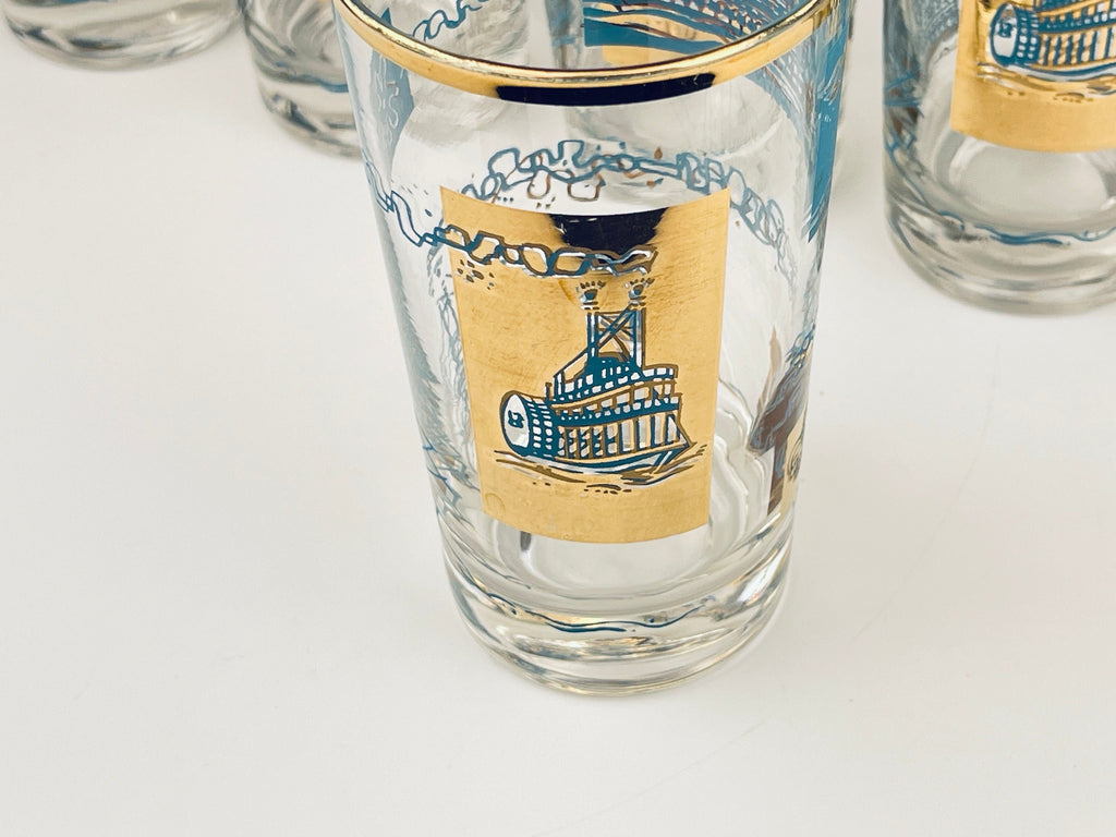 Product image for 'vintage mcm riverboat highball glass barware set set of six 6 22 kt gold aqua teal southern comfort libbey glassware' (view 7de963)