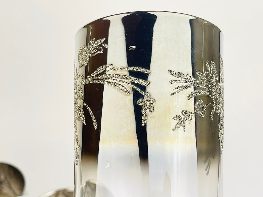 Product image for 'vintage dorothy thorpe silver ombre fade highball glass set rose flower embossed top metal chrome caddy set of six 6' (view b9db90)