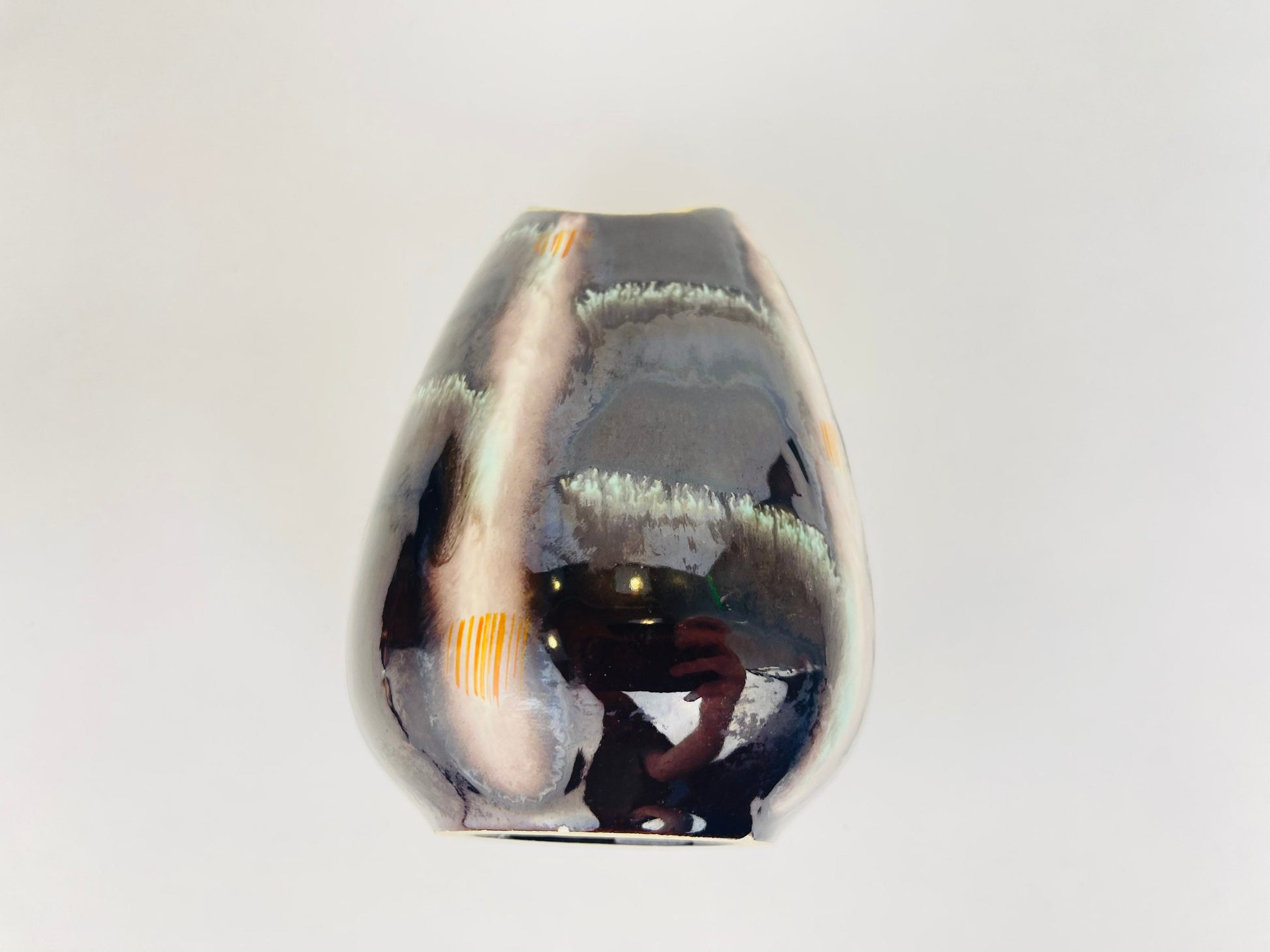 Product image for 'vintage mcm fish mouth pottery vase by jasba teal streak line gold rimmed top model 582 12 made in west germany' (view b6bc99)