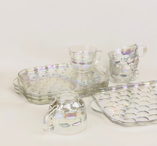Product image for 'vintage federal glass iridescent rainbow carnival glass luncheon snack plate cup set of four 4' (view 63b788)