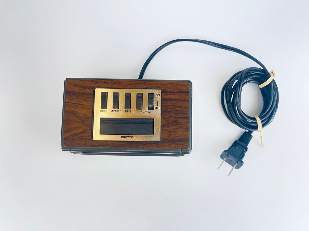 Vintage Westclox Alarm Clock  Brown Woodgrain Pattern, Gold Face & Red LED Numbers  1970s Retro Digital Timepiece