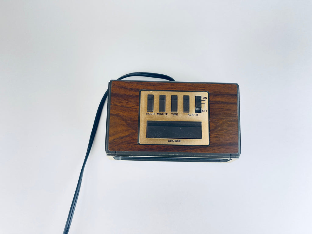 Vintage Westclox Alarm Clock  Brown Woodgrain Pattern, Gold Face & Red LED Numbers  1970s Retro Digital Timepiece