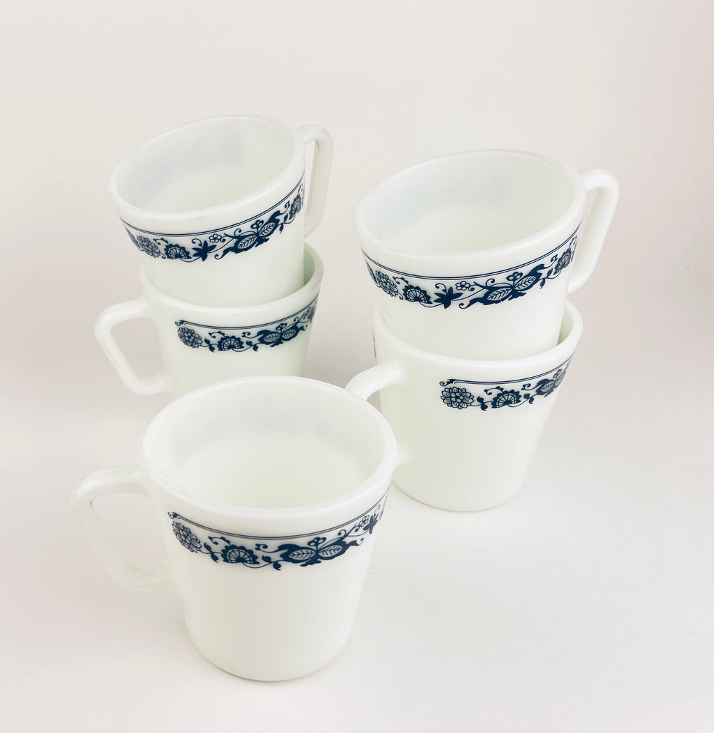 Vintage Pyrex Milk Glass Mugs  1970s White Opal Coffee Cups - Old Town Blue, Butterfly Gold, Woodland Pattern  Sold Individually Or Sets