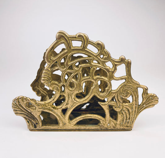 Vintage Hollywood Regency Ornate Gold Brass Napkin/Letter Holder – 1960s Cast Metal Desk and Table Accent