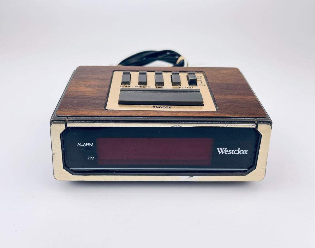 Vintage Westclox Alarm Clock  Brown Woodgrain Pattern, Gold Face & Red LED Numbers  1970s Retro Digital Timepiece