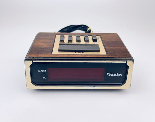 Vintage Westclox Alarm Clock  Brown Woodgrain Pattern, Gold Face & Red LED Numbers  1970s Retro Digital Timepiece