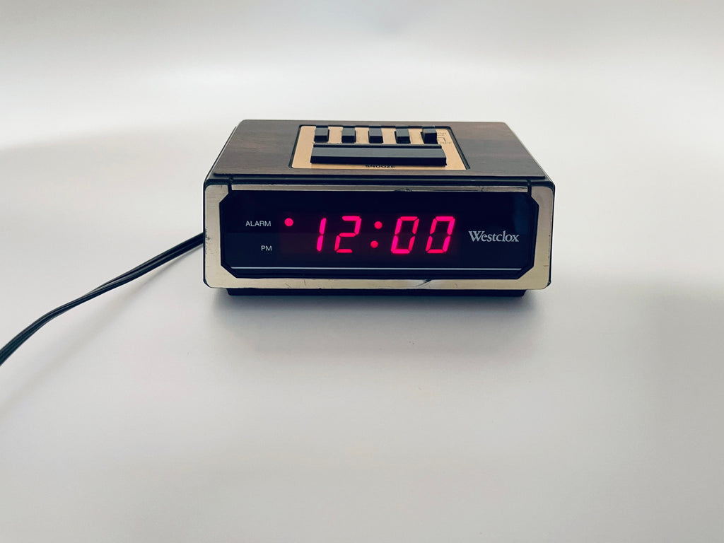 Vintage Westclox Alarm Clock  Brown Woodgrain Pattern, Gold Face & Red LED Numbers  1970s Retro Digital Timepiece