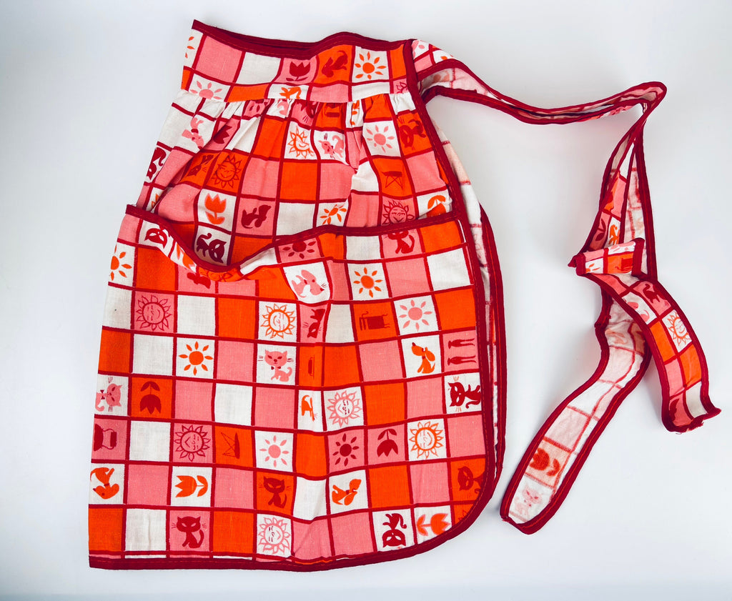 Vintage 1950s Pink Red Atomic Cotton Waist Apron with Pockets  MCM Kitchen Hostess Apron