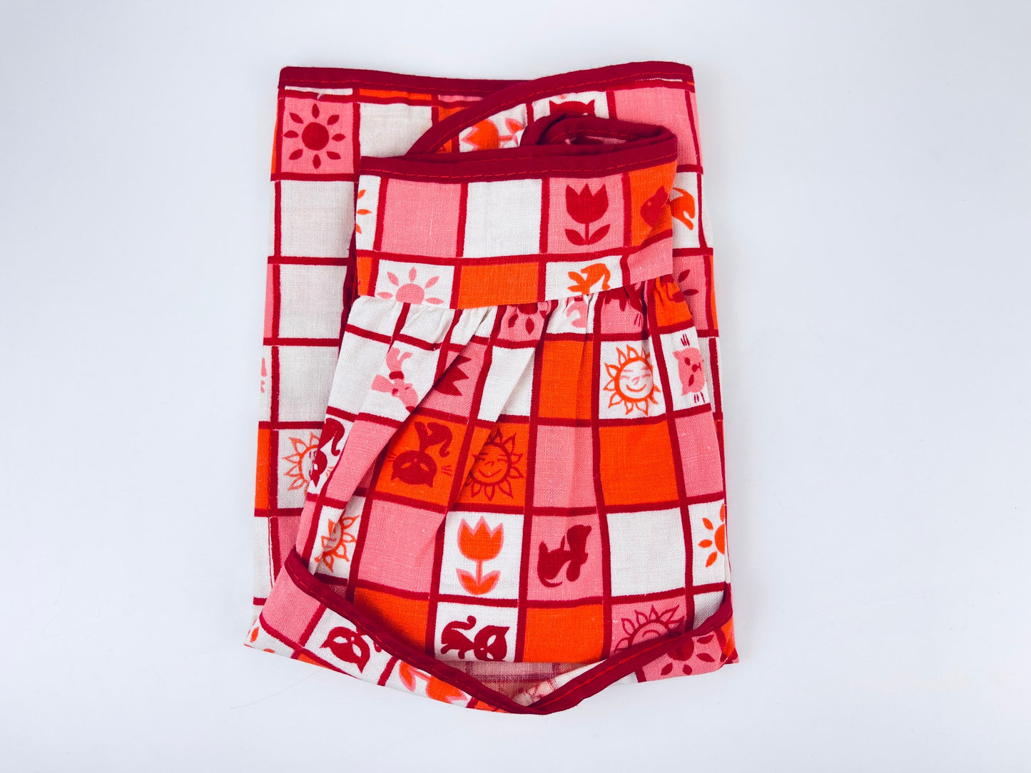 Vintage 1950s Pink Red Atomic Cotton Waist Apron with Pockets  MCM Kitchen Hostess Apron