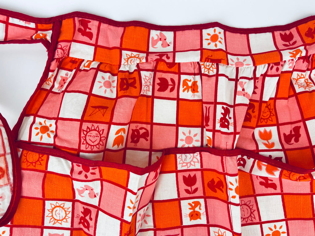 Vintage 1950s Pink Red Atomic Cotton Waist Apron with Pockets  MCM Kitchen Hostess Apron