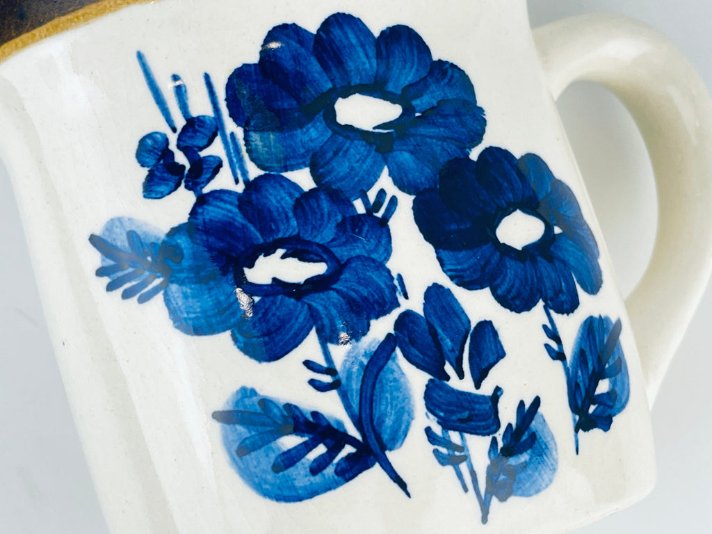 Vintage Keramo Kostelec Blue Floral Ceramic Pitcher Jug  1970s Stoneware Vase