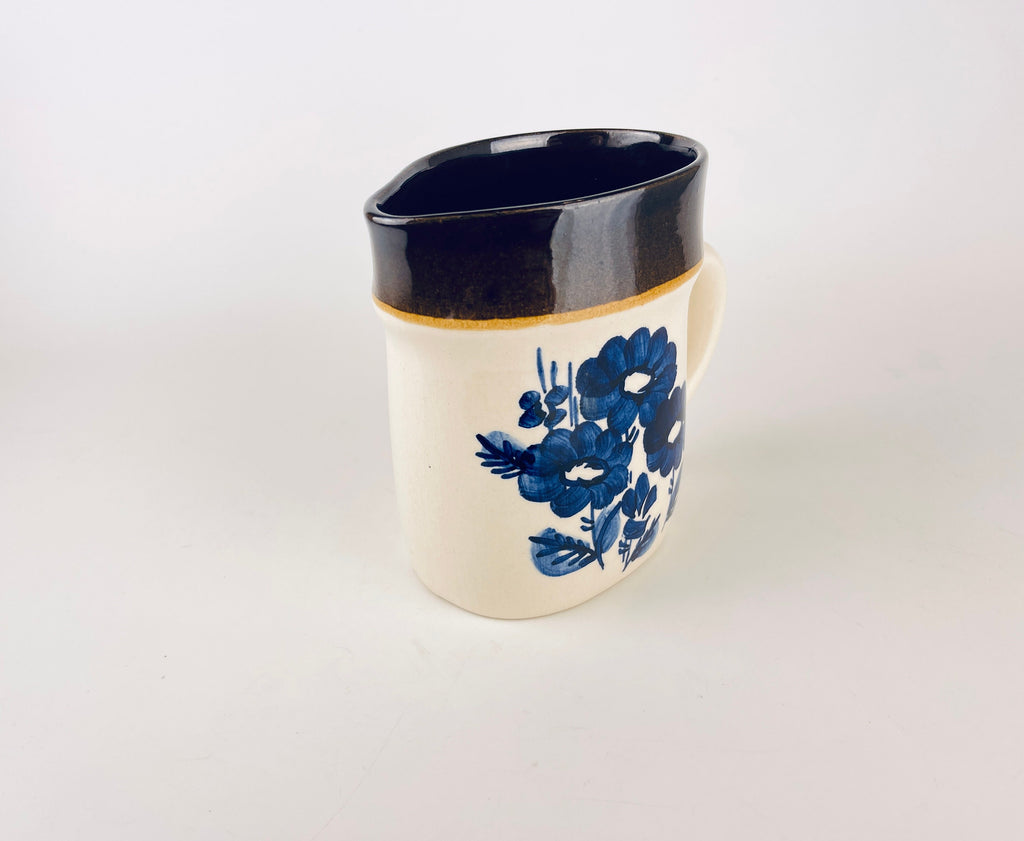 Vintage Keramo Kostelec Blue Floral Ceramic Pitcher Jug  1970s Stoneware Vase