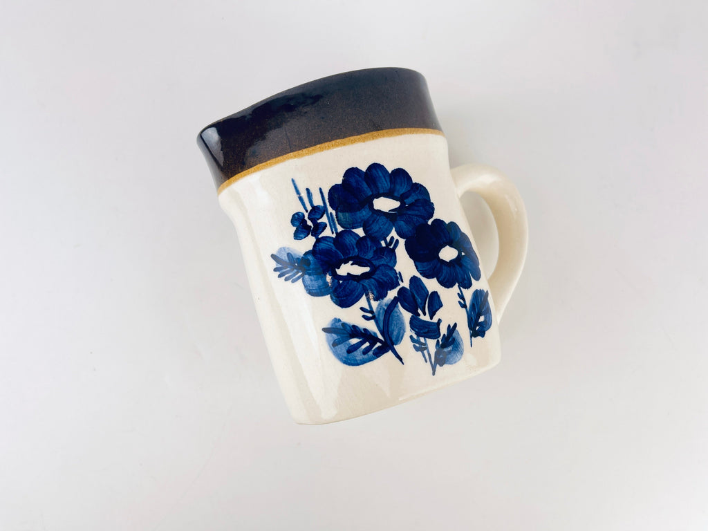 Vintage Keramo Kostelec Blue Floral Ceramic Pitcher Jug  1970s Stoneware Vase