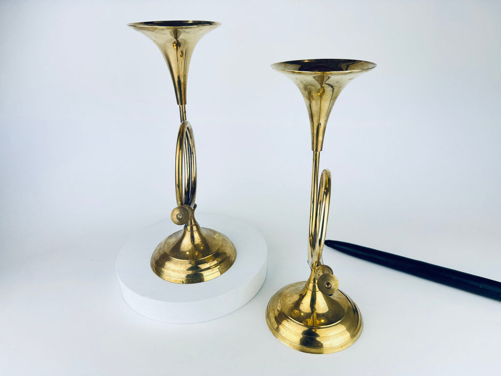 Vintage Tabletop Brass Horn Candle Stick Holders - Set of Two (2)