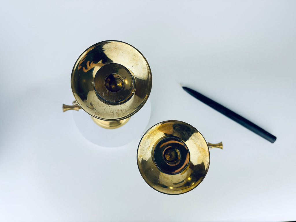 Vintage Tabletop Brass Horn Candle Stick Holders - Set of Two (2)